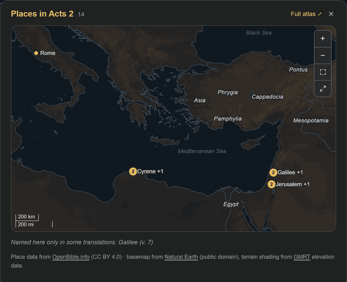The map for Acts 2, reaching from Rome to Mesopotamia: the countries the crowd at Pentecost had come from — Pontus, Cappadocia, Phrygia, Asia, Pamphylia, Egypt and Cyrene — marked around the Mediterranean, with Jerusalem and Galilee at its eastern end
