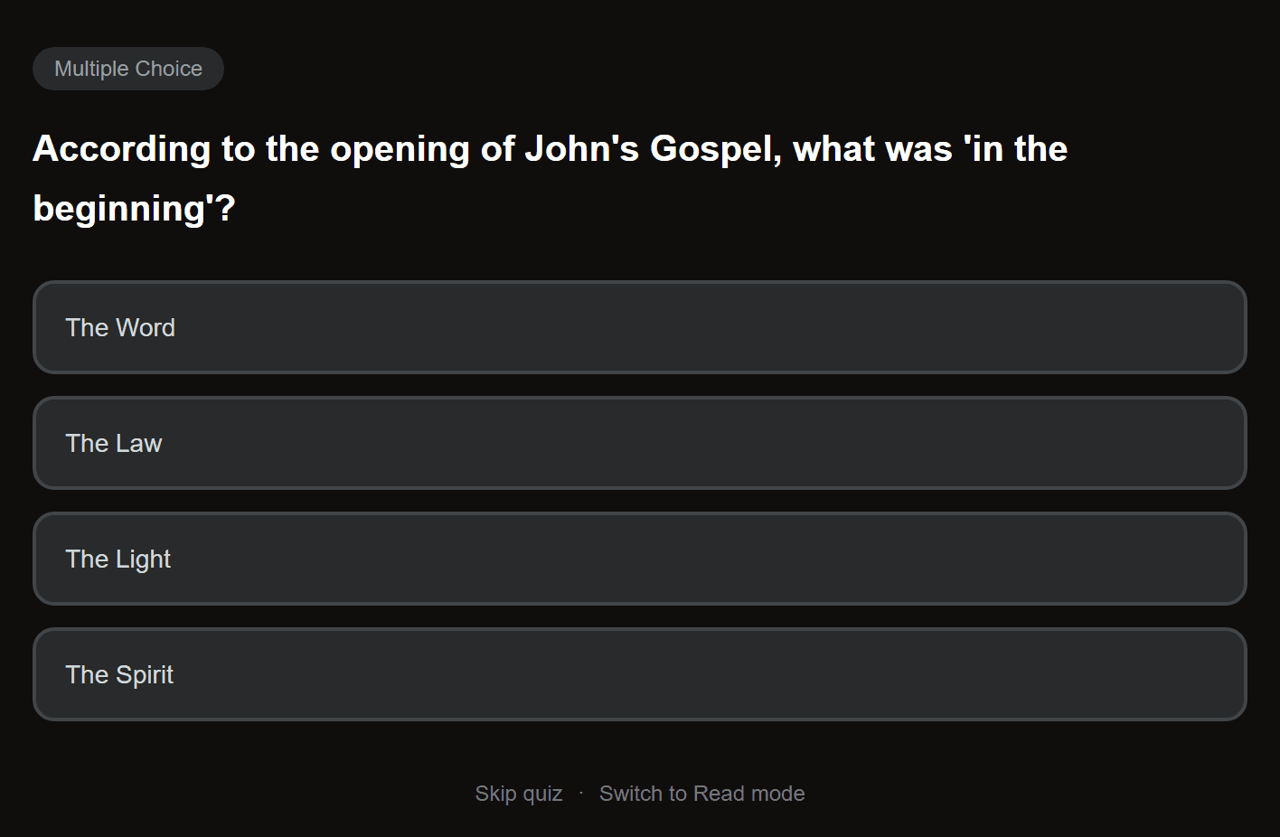 A comprehension question on the opening of John's Gospel with four answers to choose from