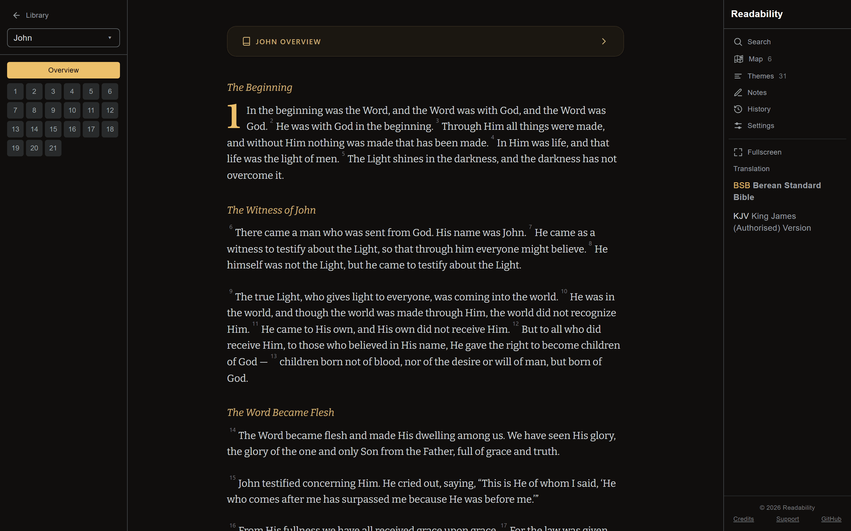 The reading view on a desktop: John 1 set between its two side panels — the book picker and chapter grid on the left, the reading and study tools on the right