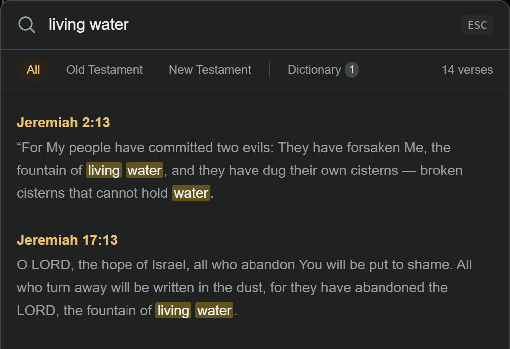 A search for “living water” returning fourteen verses with the words highlighted
